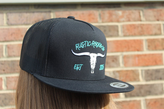 RRC Turquoise On Black Longhorn Design Flat Bill Trucker Hat