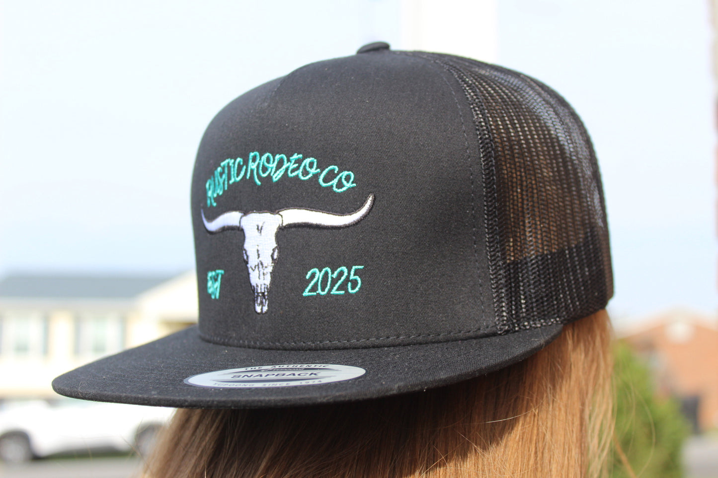 RRC Turquoise On Black Longhorn Design Flat Bill Trucker Hat