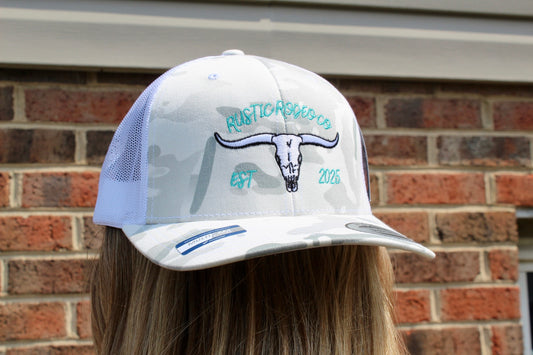 RRC Turquoise/Multicam Alphine White Longhorn Design Trucker Hat